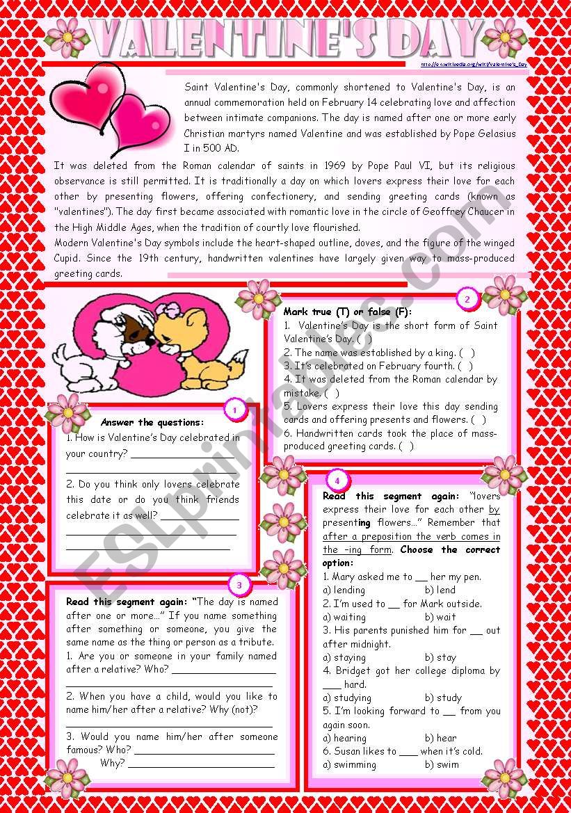 Valentines Day  reading comprehension + grammar (-ing after prepositions) [4 tasks] KEYS INCLUDED ((2 pages)) ***editable